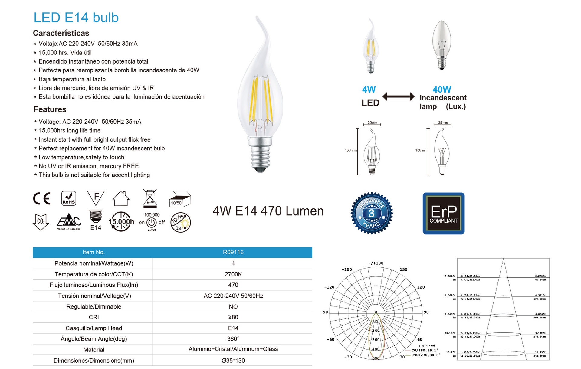 Bombilla Led - E14 Vela Decor. Filamento - 4W - 470Lm 2700K - Imagen 6
