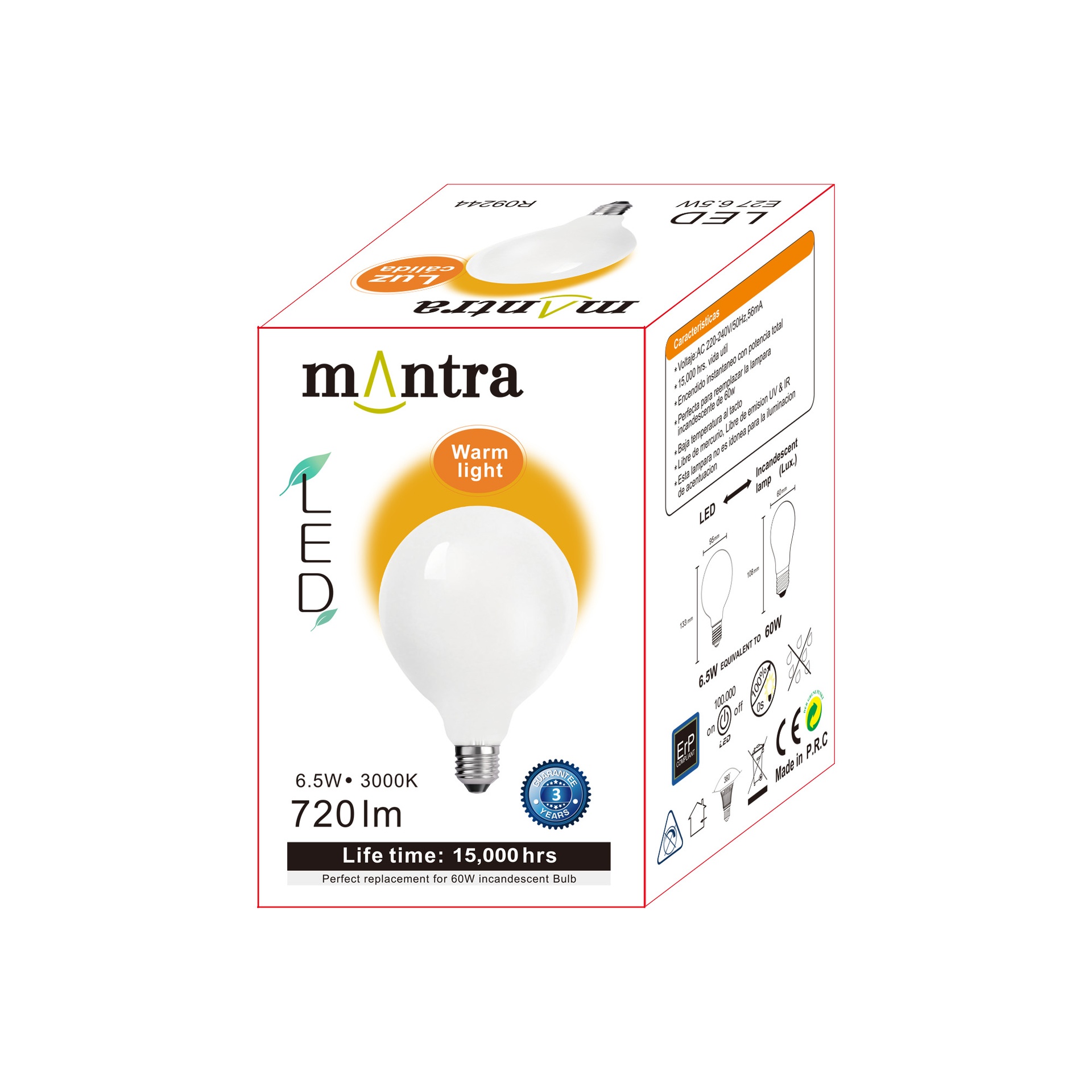 Bombilla Led Opal G95 - E27 – 6,5W - 3000K - Imagen 7
