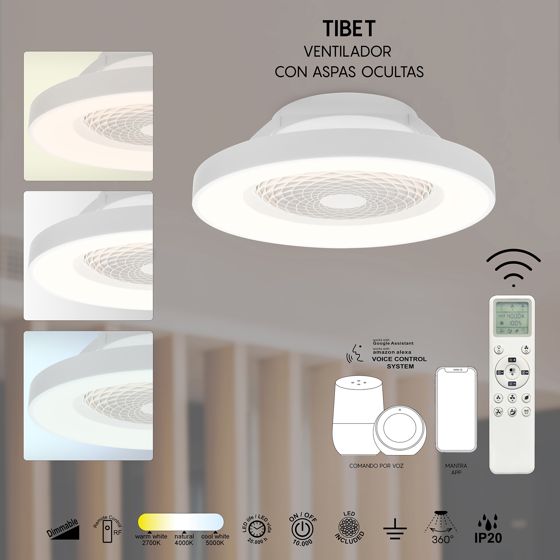 Tibet * Ventilador Blanco 35W Plafon Led 70W Con Mando Y App - Imagen 6