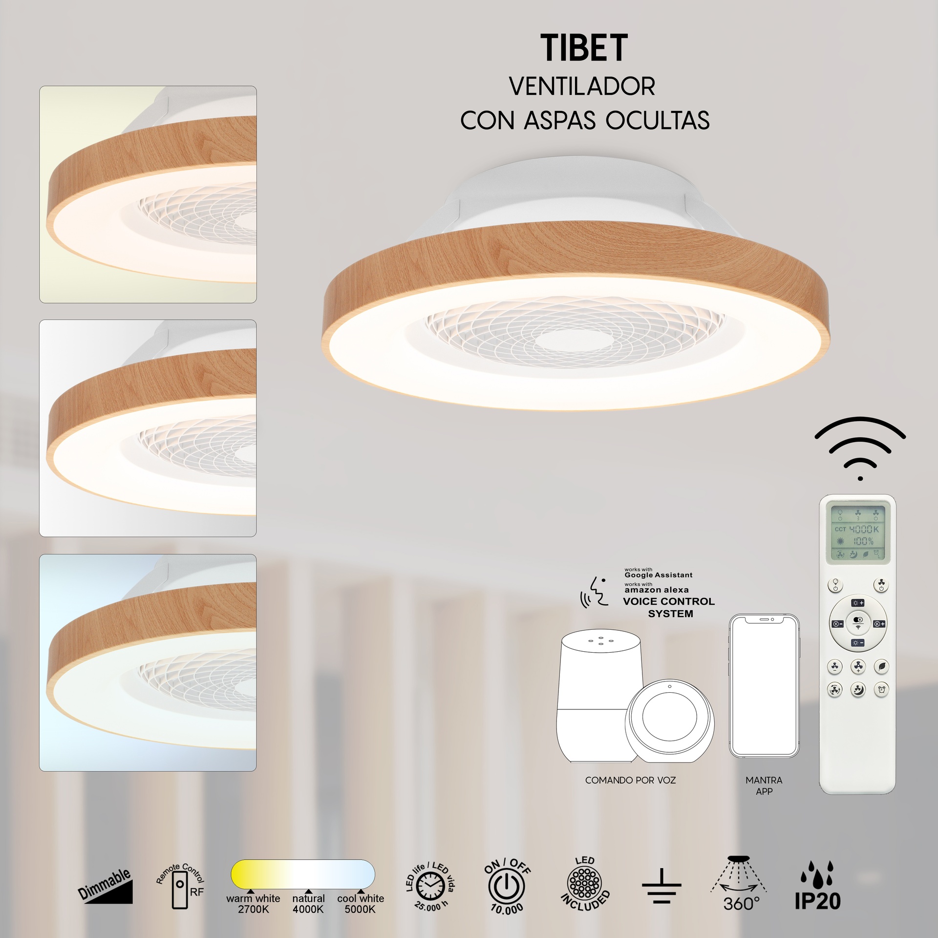 Tibet * Ventilador Madera/Blanco 35W Plafon Led 70W Con Mando Y App - Imagen 12