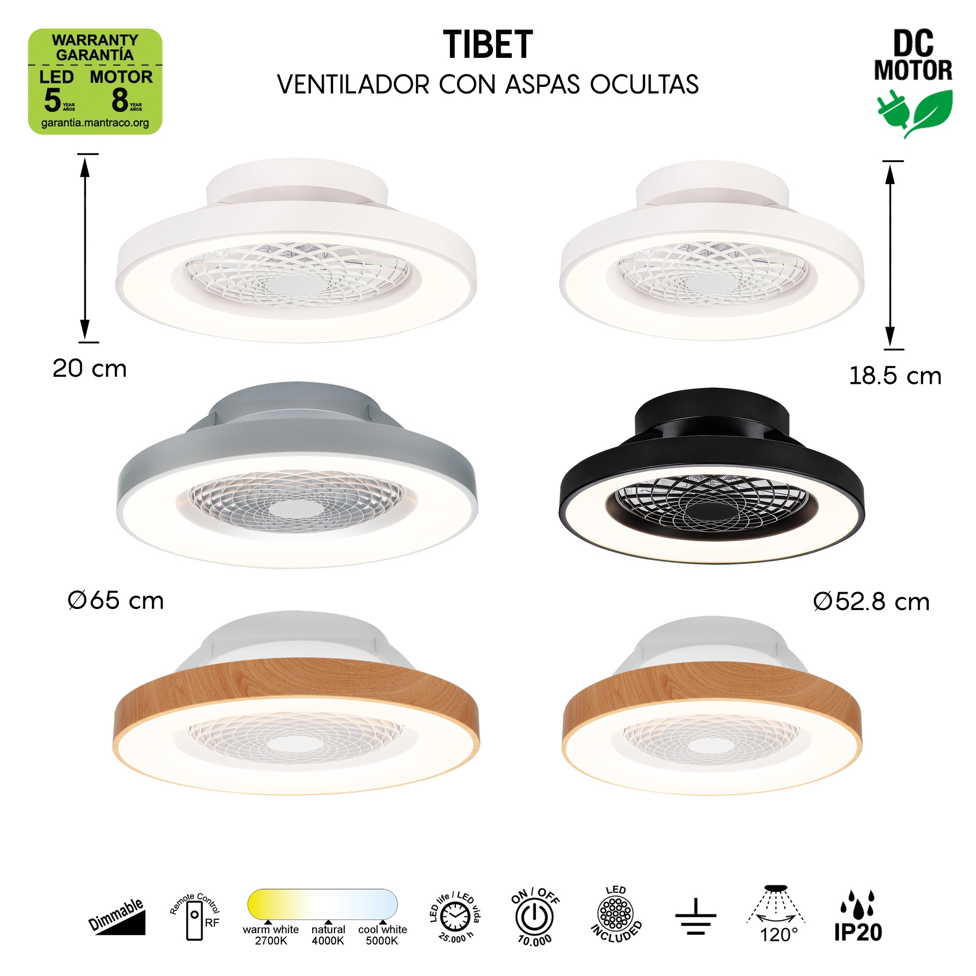 Tibet * Ventilador Madera/Blanco 35W Plafon Led 70W Con Mando Y App - Imagen 16