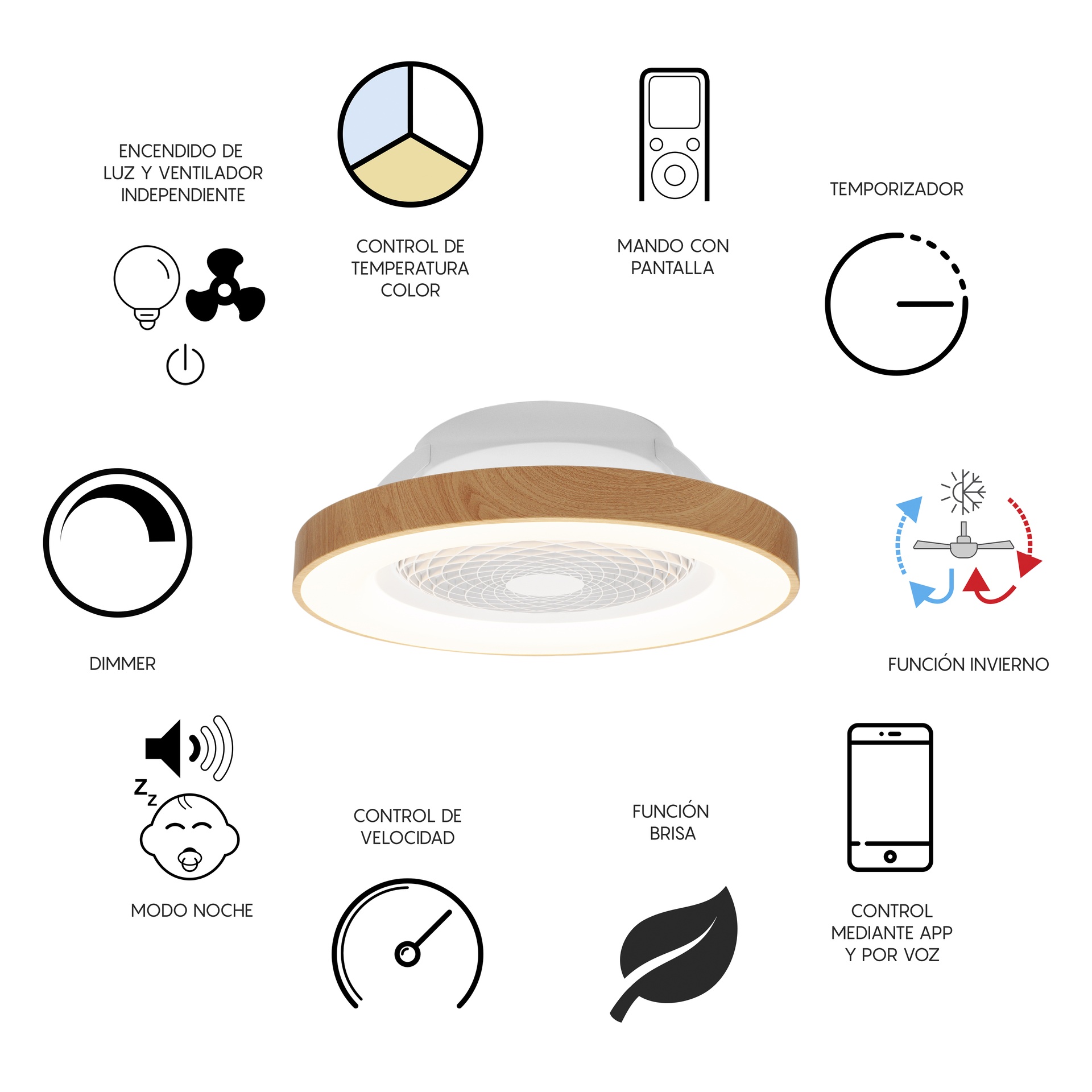 Tibet * Ventilador Madera/Blanco 35W Plafon Led 70W Con Mando Y App - Imagen 17