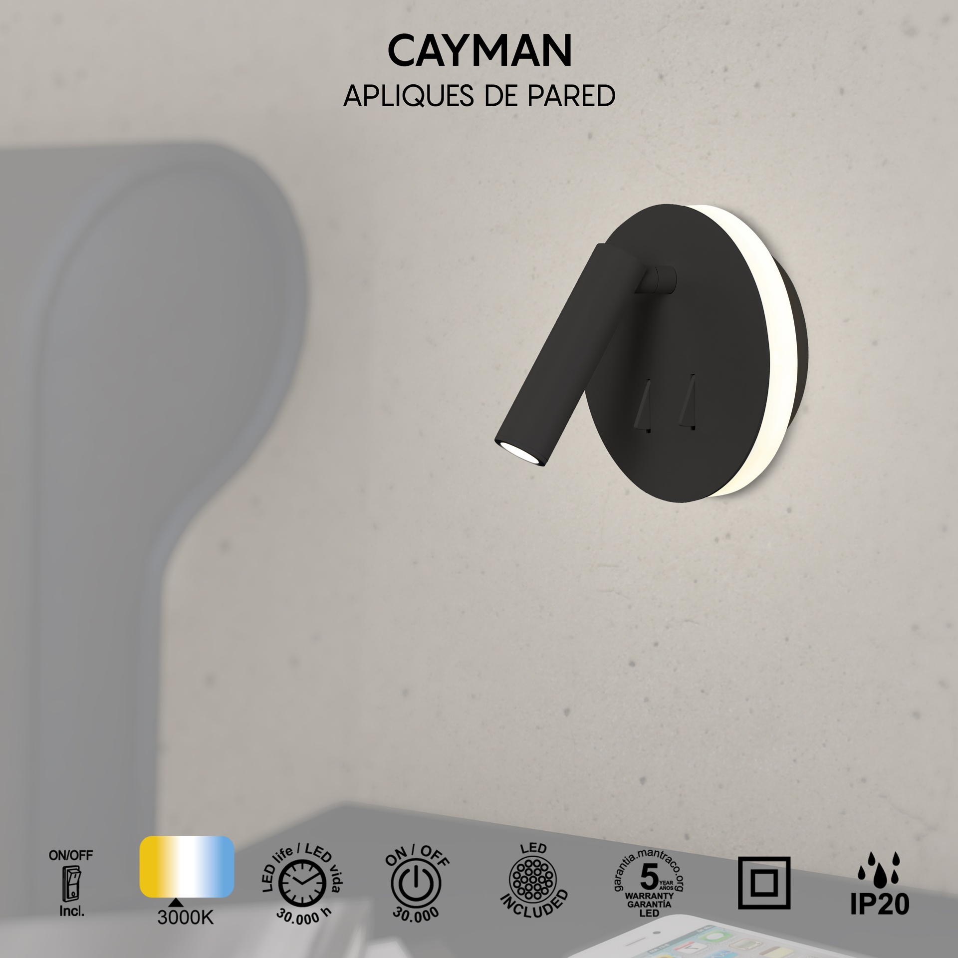Cayman R* Aplique Negro Mate Lector Led 3W+6W 3000K - Imagen 8