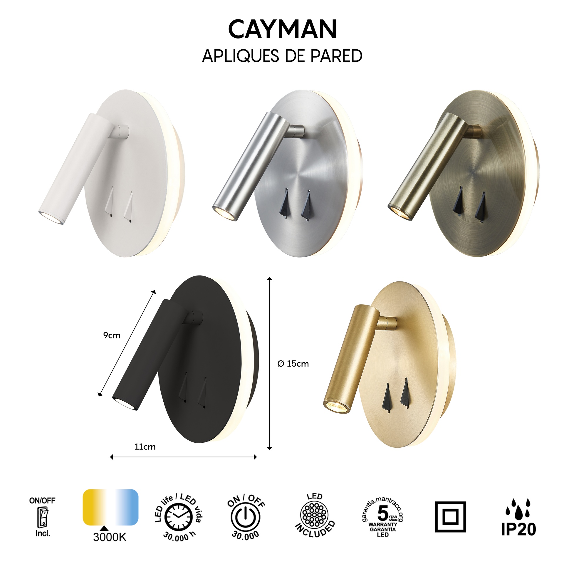Cayman R* Aplique Negro Mate Lector Led 3W+6W 3000K - Imagen 11