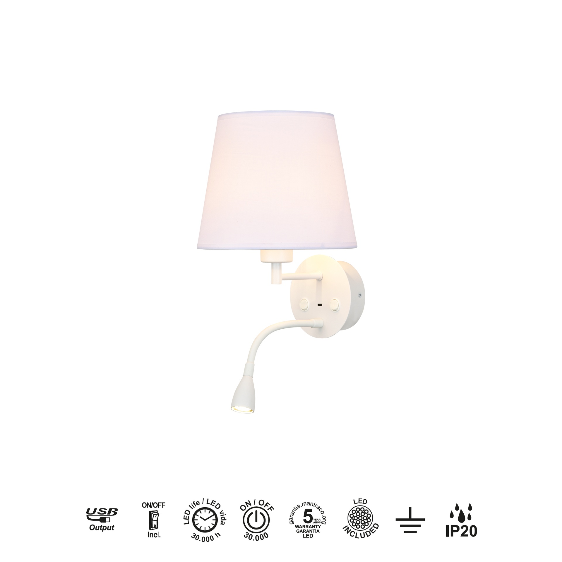 Caicos * Aplique Blanco 1L E27+ Lector Led 3W 3000K + Usb - Imagen 3
