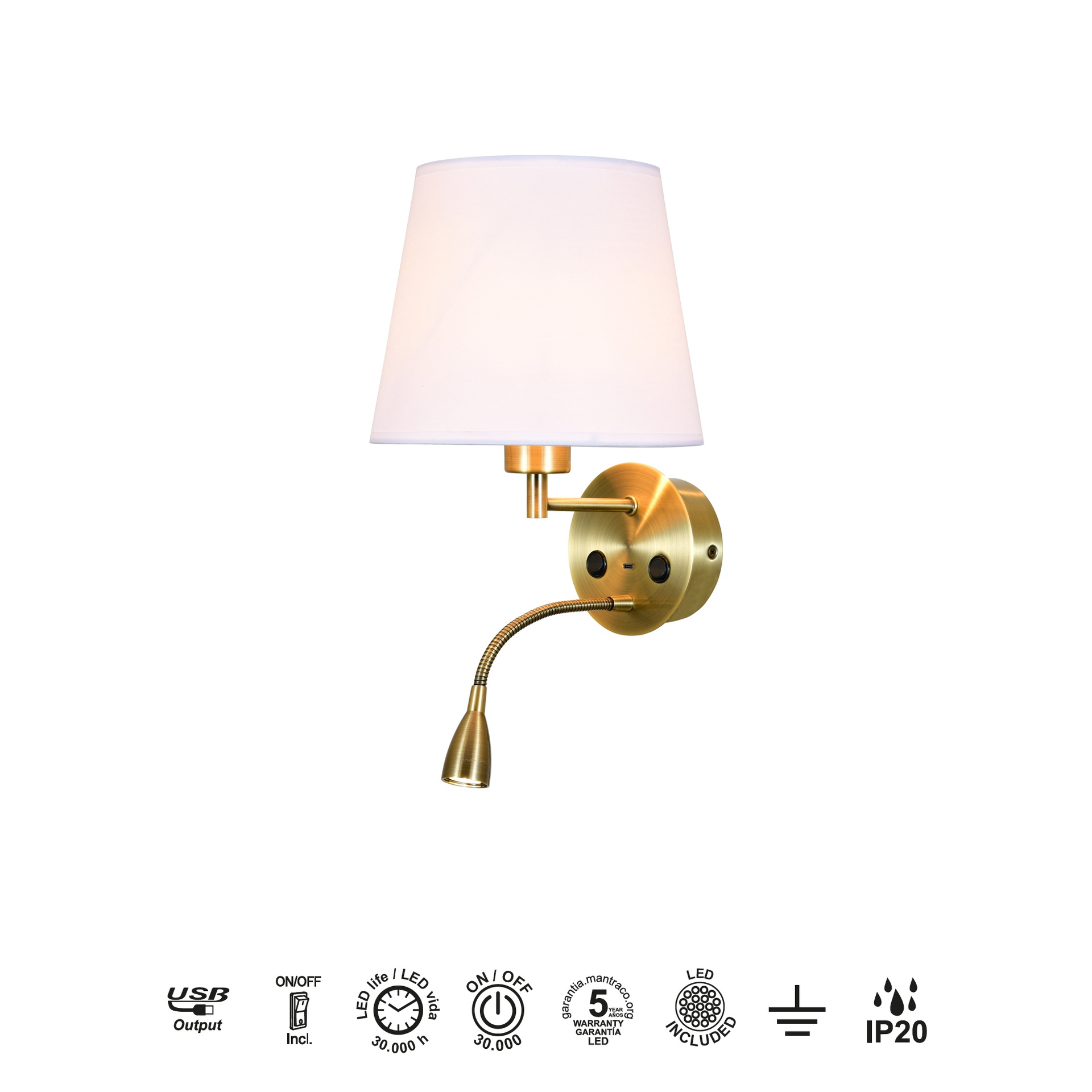 Caicos * Aplique Cuero 1L E27+ Lector Led 3W 3000K + Usb - Imagen 4