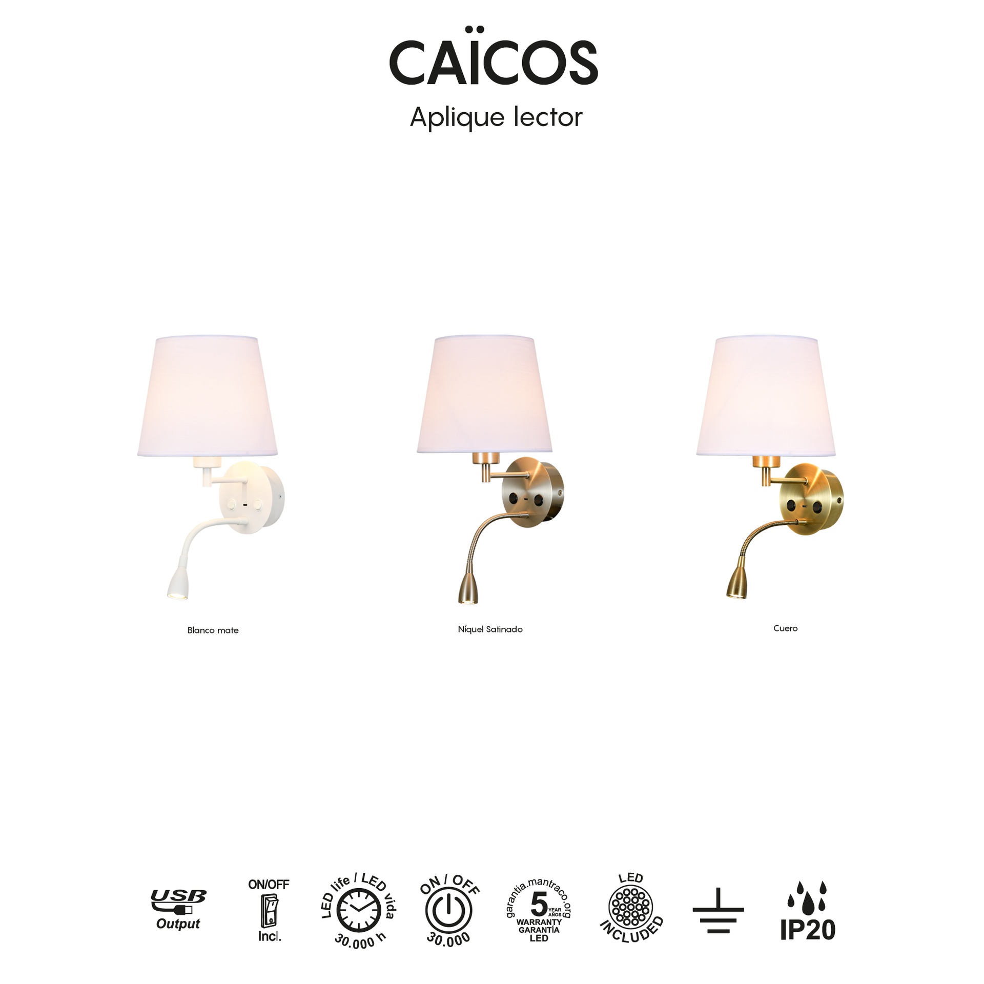 Caicos * Aplique Cuero 1L E27+ Lector Led 3W 3000K + Usb - Imagen 10