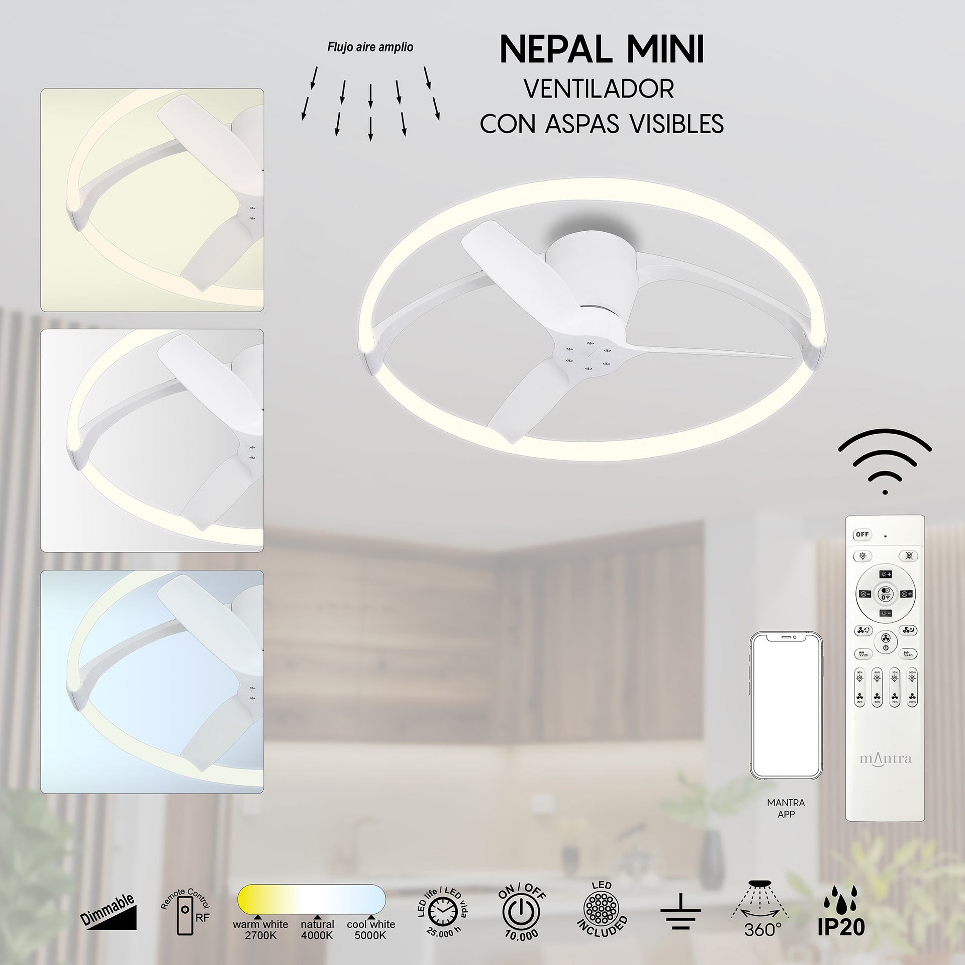 Nepal Mini * Ventilador Blanco Led Con Mando - Imagen 6