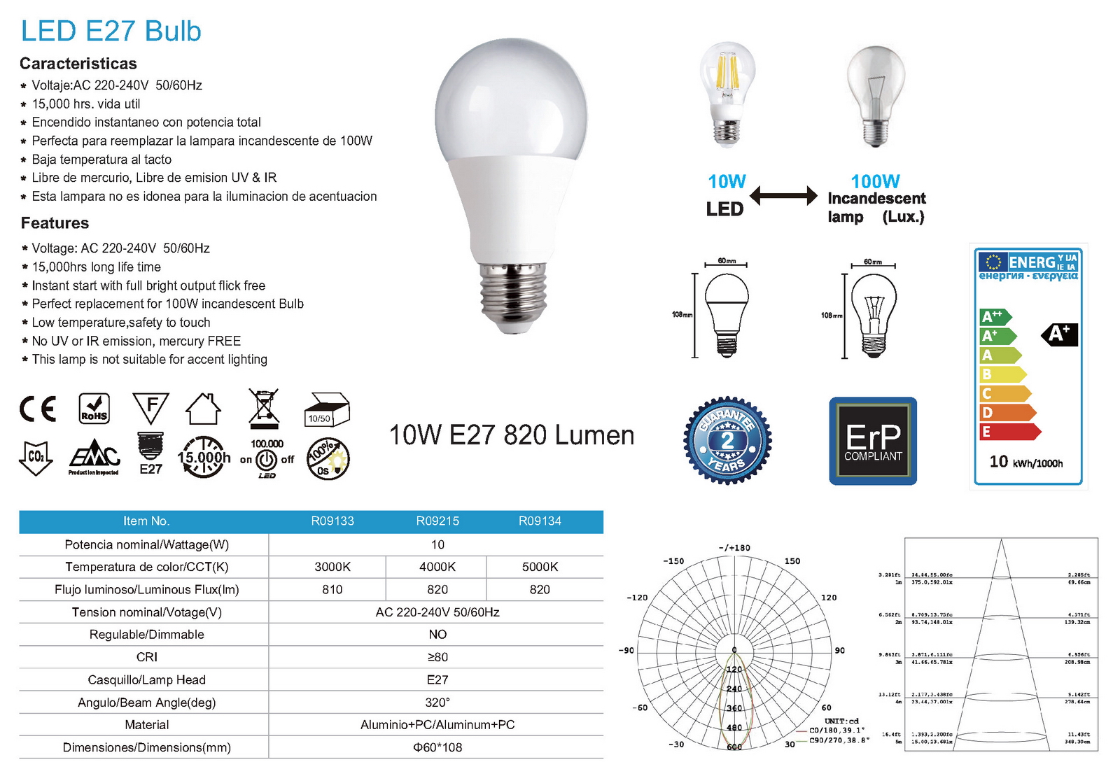 Bombilla Led - E27 Estándar - 10W - 5000K - 820Lm - 320º - Imagen 2