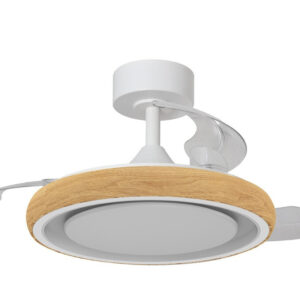 Ventilador de techo retráctil Capri blanco madera con aspas transparentes y luz LED