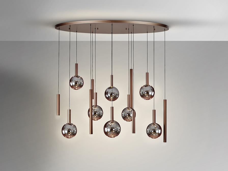 Lámpara colgante SAPORE de 14 luces en bronce oscuro con tulipas de cristal smoke y LED