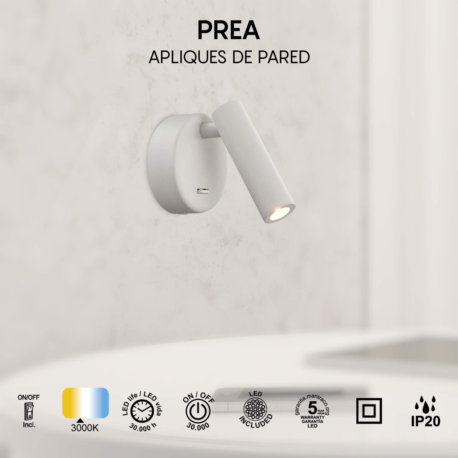 PREA * Luminarias de pared Blanco Mate - LED 3W - 3000K - 210 lm - Imagen 5