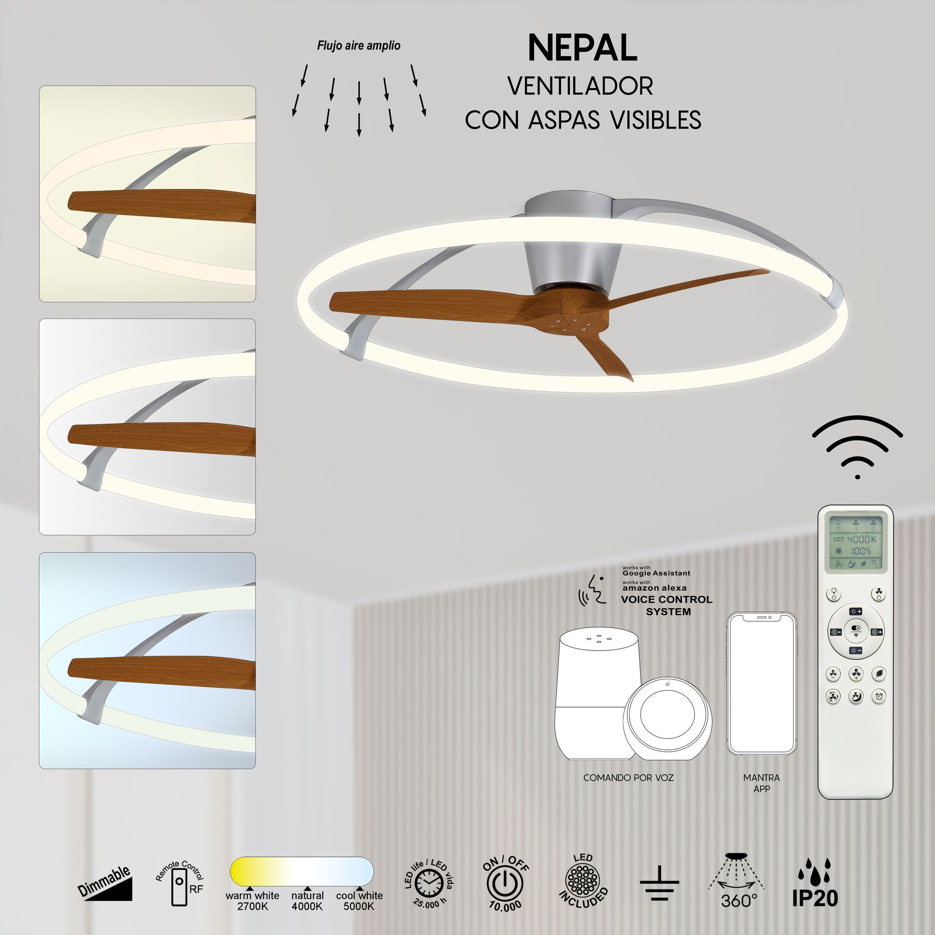 NEPAL * Ventilador de aspas con luz Plata/Nogal - LED 75W - 2700K-5000K - 7200 lm - Imagen 10