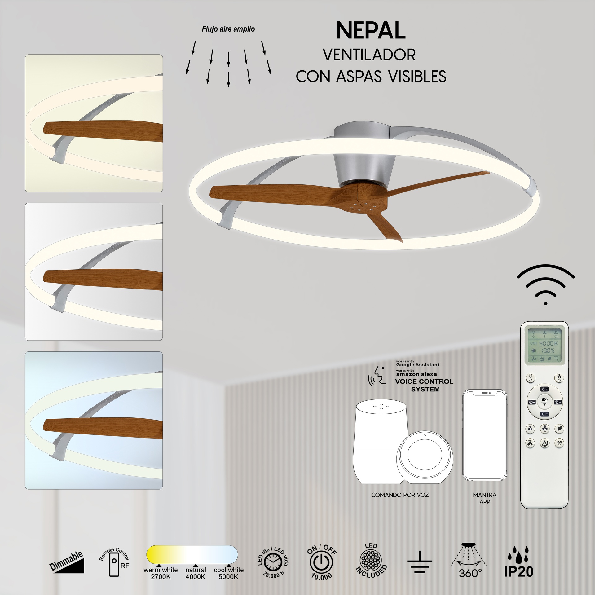 NEPAL * Ventilador de aspas con luz Plata/Nogal - LED 75W - 2700K-5000K - 7200 lm - Imagen 14
