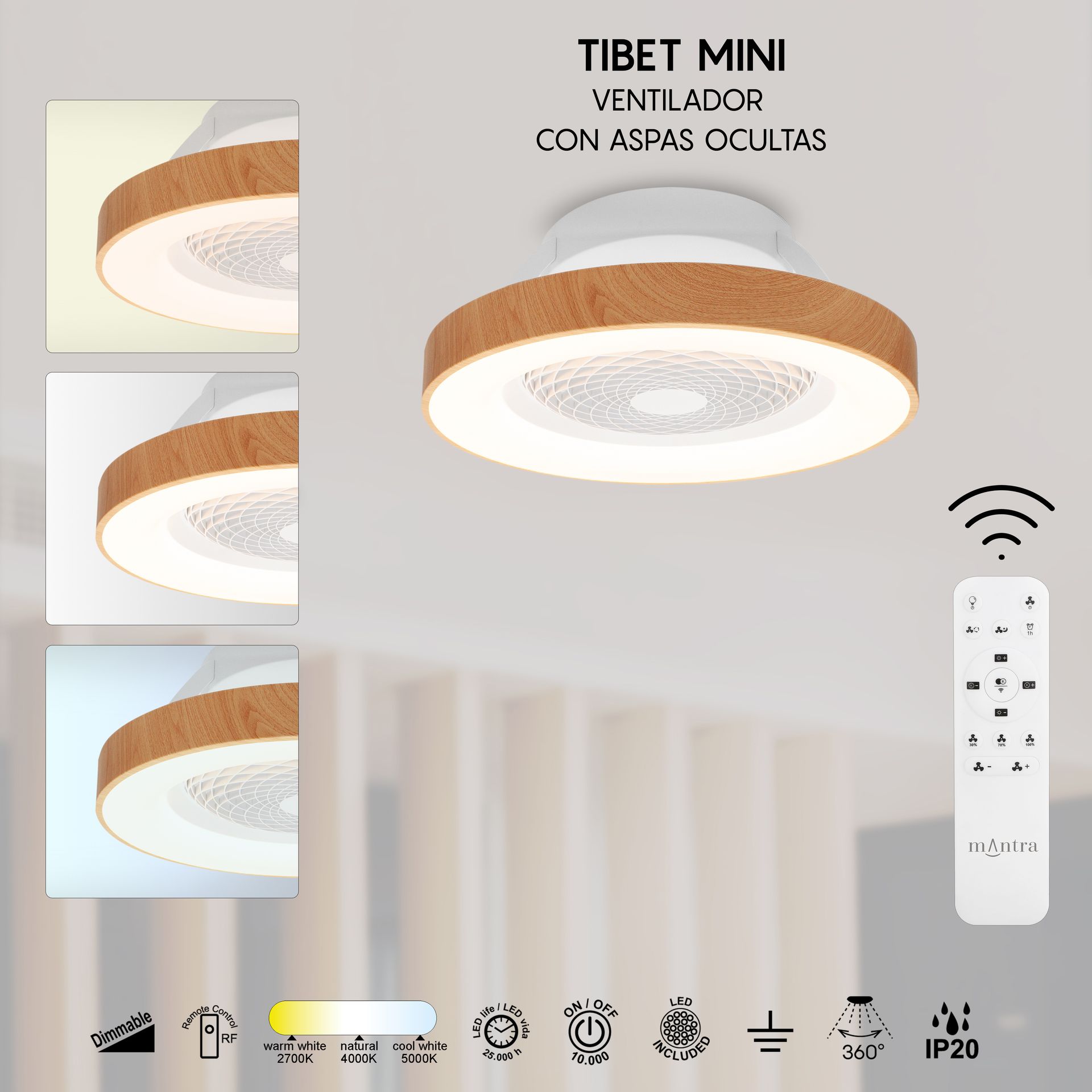 TÍBET MINI * Plafón-ventilador de aspas ocultas con luz Madera/Blanco - LED 70W - 2700K-5000K - 3900 lm - Imagen 28