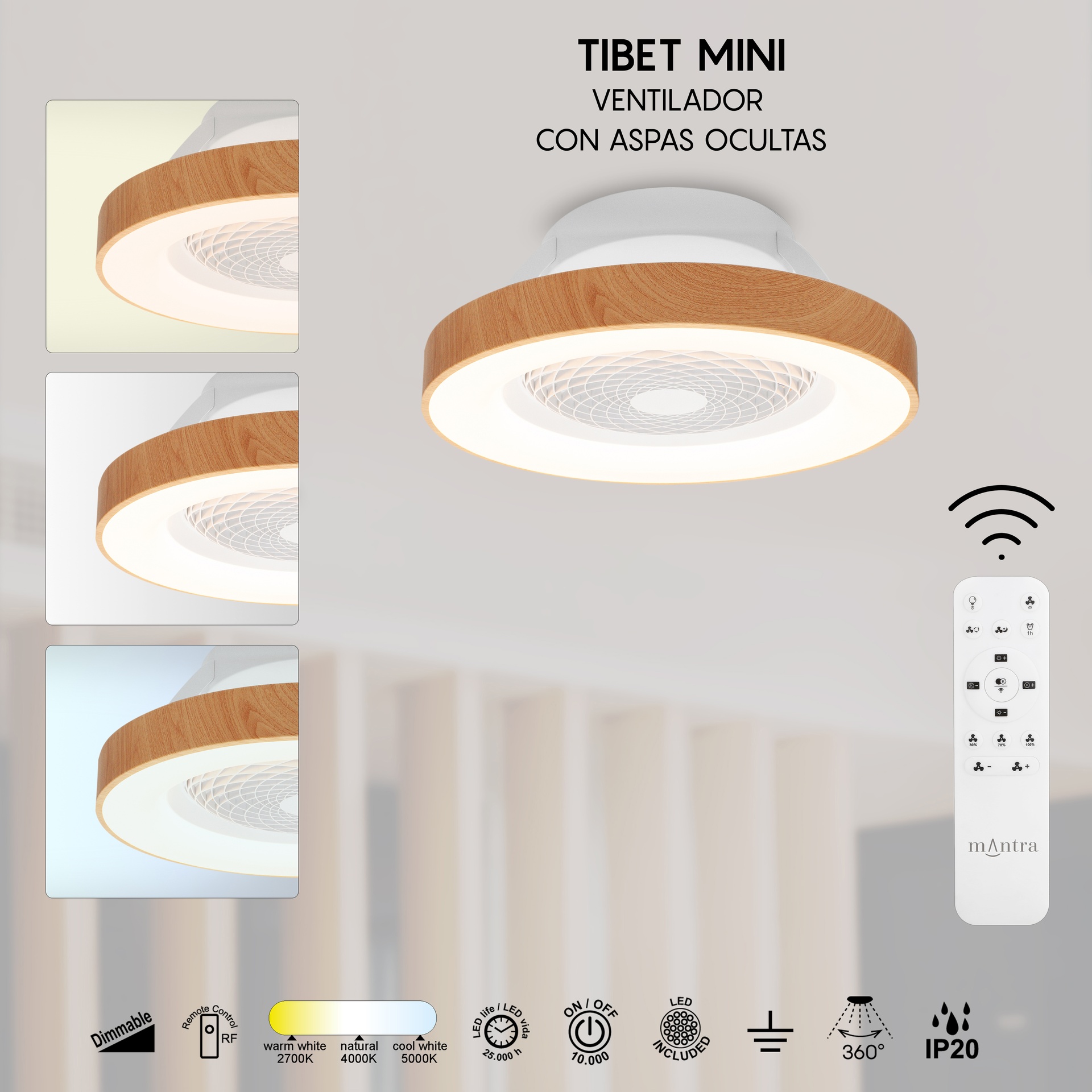 TÍBET MINI * Plafón-ventilador de aspas ocultas con luz Madera/Blanco - LED 70W - 2700K-5000K - 3900 lm - Imagen 14