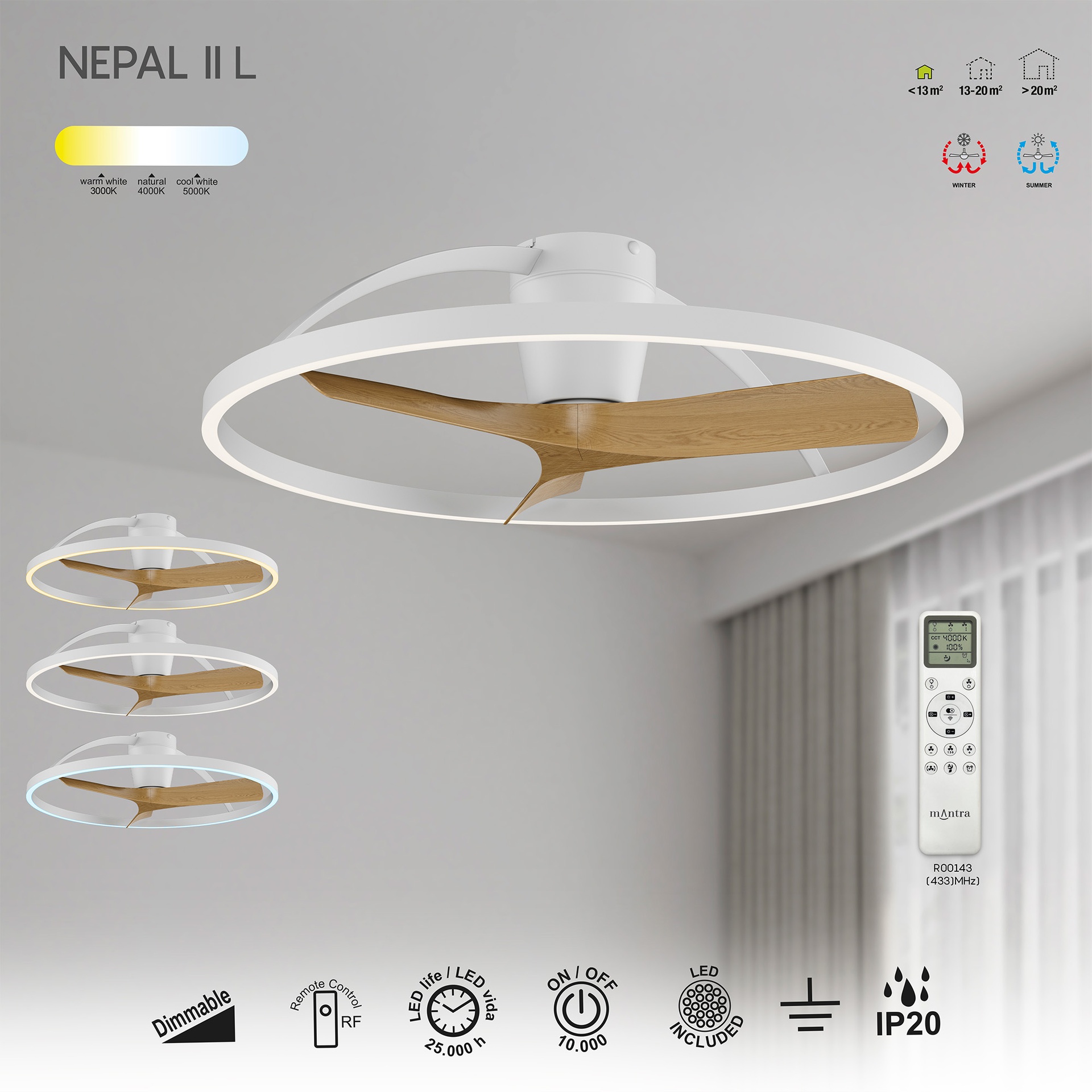 NEPAL II * Ventilador de aspas con luz Blanco/ Madera - LED 44W - 3000K-5000K - 4000 lm - Imagen 5