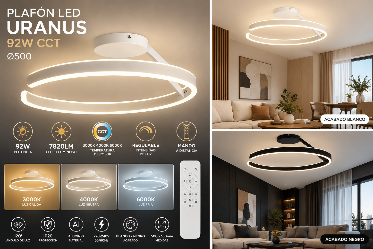 Plafón LED Uranus 92W CCT Ø500 Regulable con Mando - Imagen 8