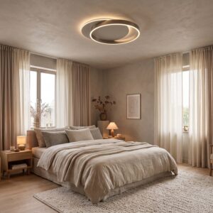 Plafón LED Gabón CCT greige encendido en salón