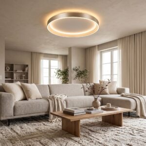 Plafón LED CCT greige instalado en techo de salón amplio moderno