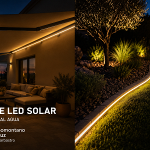 Tira LED solar 5 metros resistente al agua IP68 instalada en jardín y toldo