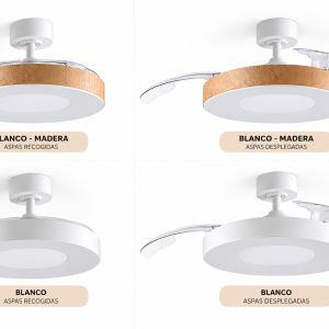 Ventilador de techo LISBOA II con luz LED, motor DC y aspas retráctiles en blanco y blanco madera