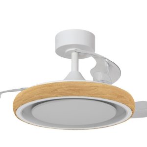 Ventilador de techo retráctil Capri blanco madera con aspas transparentes y luz LED