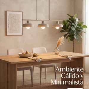Lámpara colgante beige de metal con 3 luces de la colección Sander sobre mesa de comedor