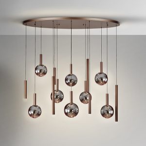 Lámpara colgante SAPORE de 14 luces en bronce oscuro con tulipas de cristal smoke y LED
