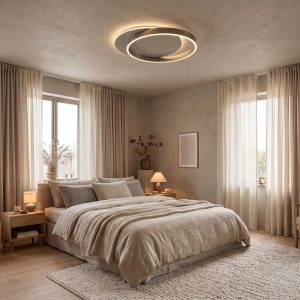 Plafón LED Gabón CCT greige encendido en salón