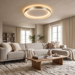 Plafón LED CCT greige instalado en techo de salón amplio moderno